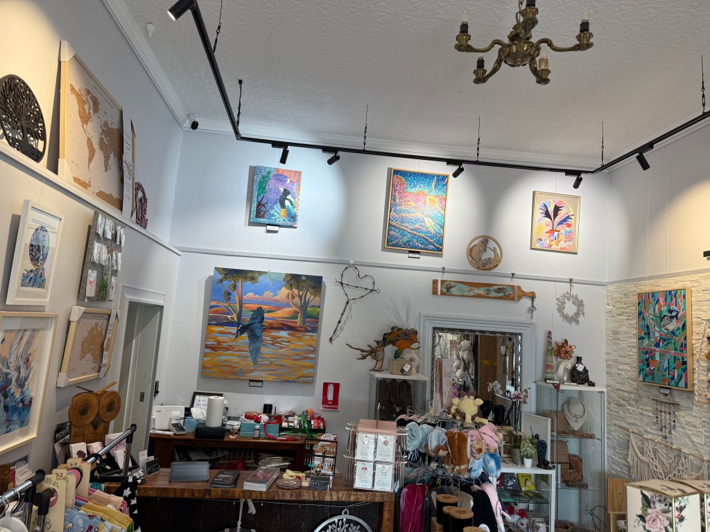 image of paintings on display at Revival Retreat Art and Makers Gallery in Tailem Bend in SA