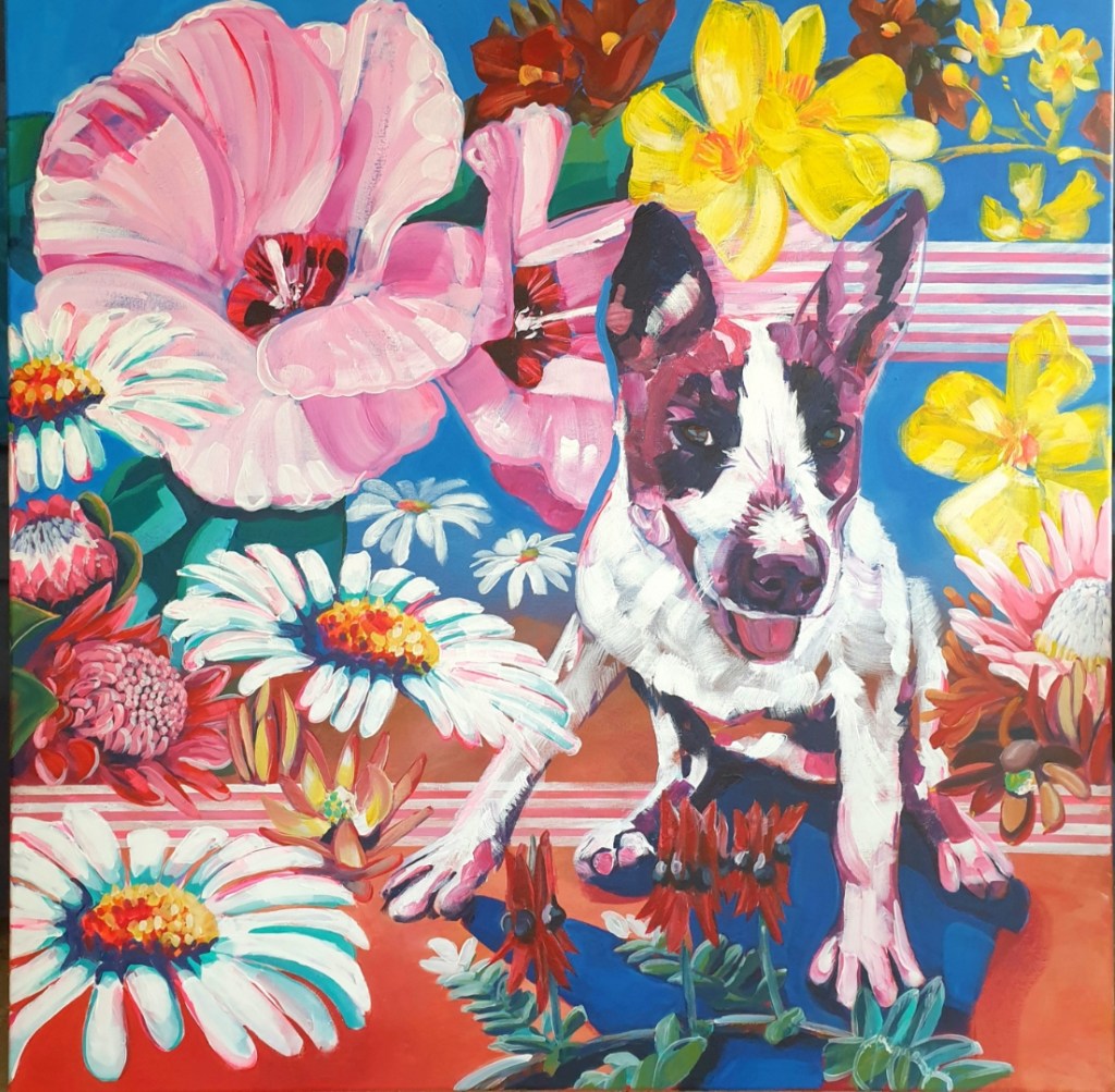 picture of a painting of a jack russell and flowers that can be found at Revival Retreat Art and Makers Gift Gallery in Tailem Bend